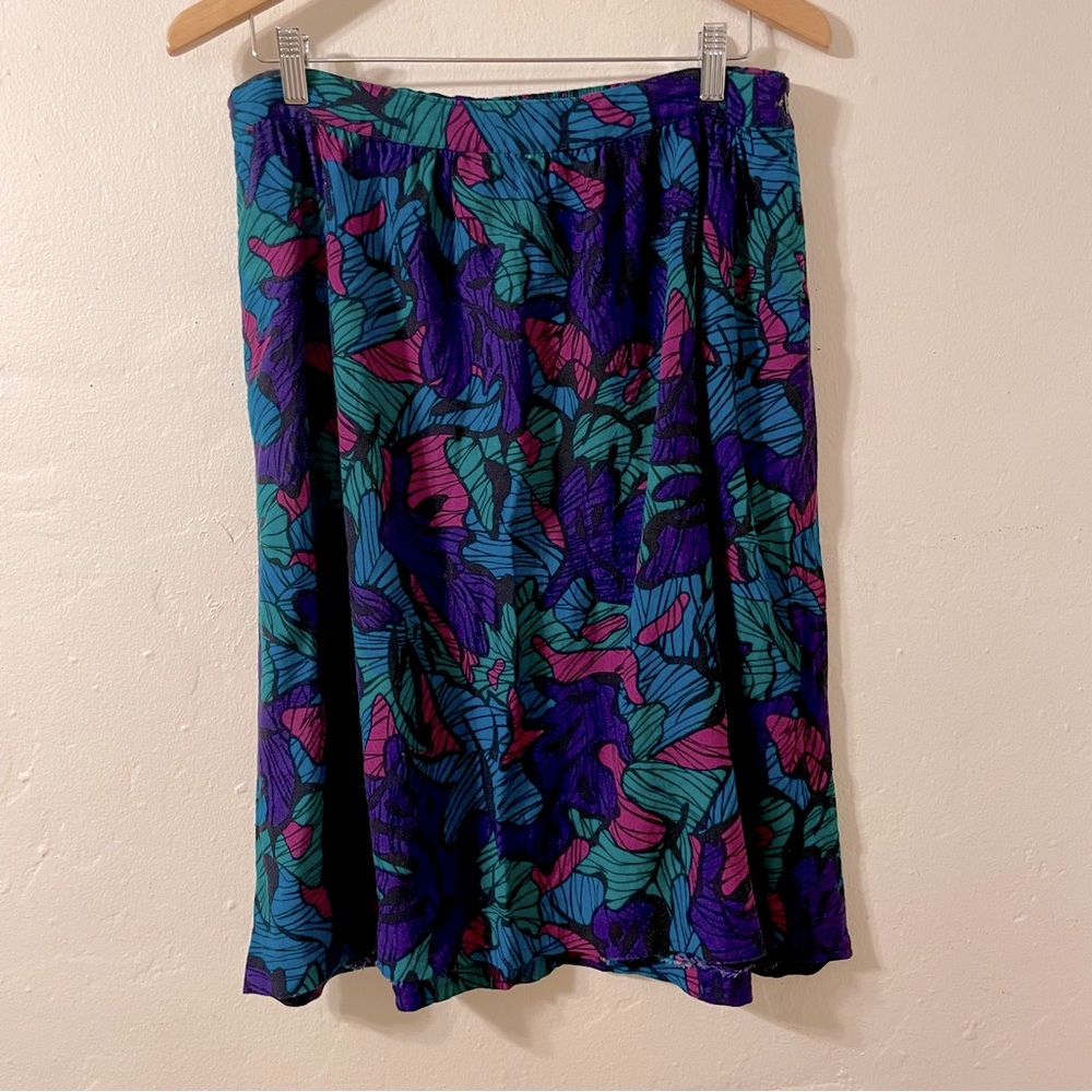 Sag Harbor Vintage Skirt w/Pocket, Teal Purple Pink Leaf print, Sz M
